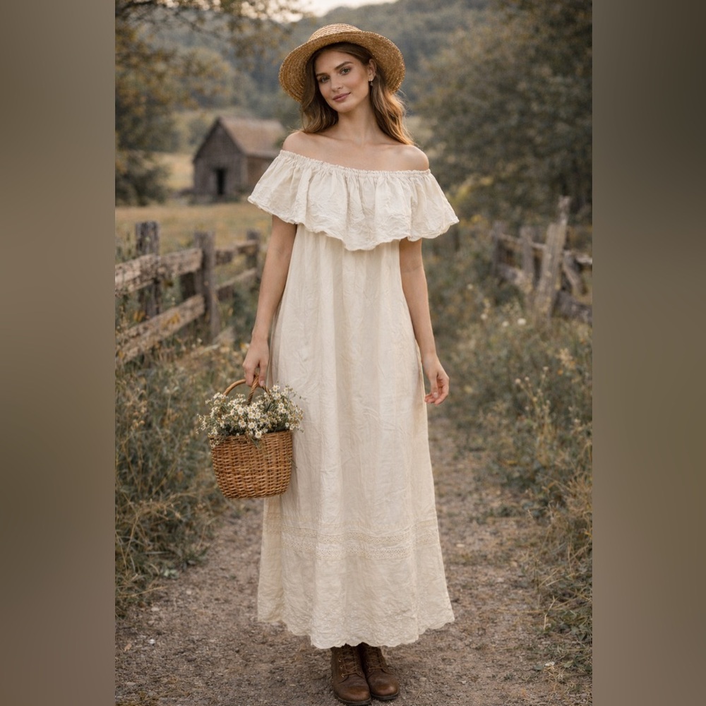 VNTG cream cotton embroidery  off-the-shoulder dress bohemian‎ prairie medium